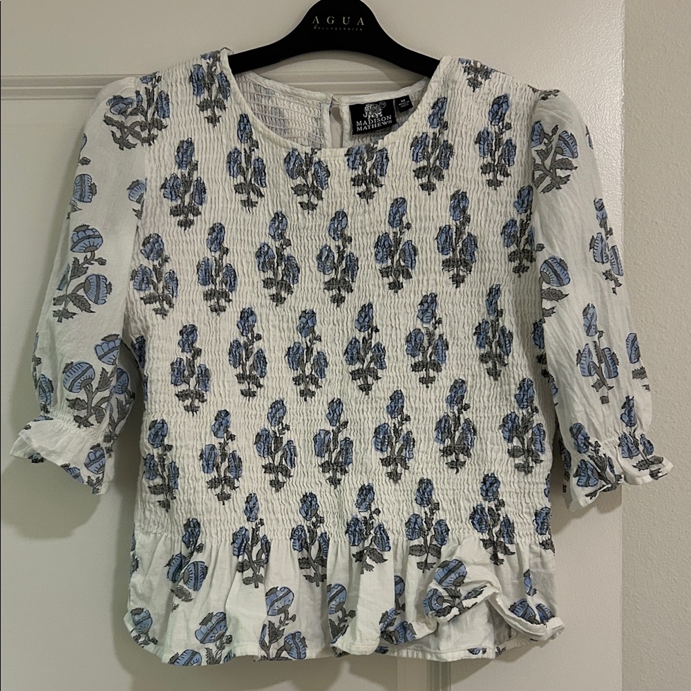 White & Blue Blockprint Top Madison Mathews